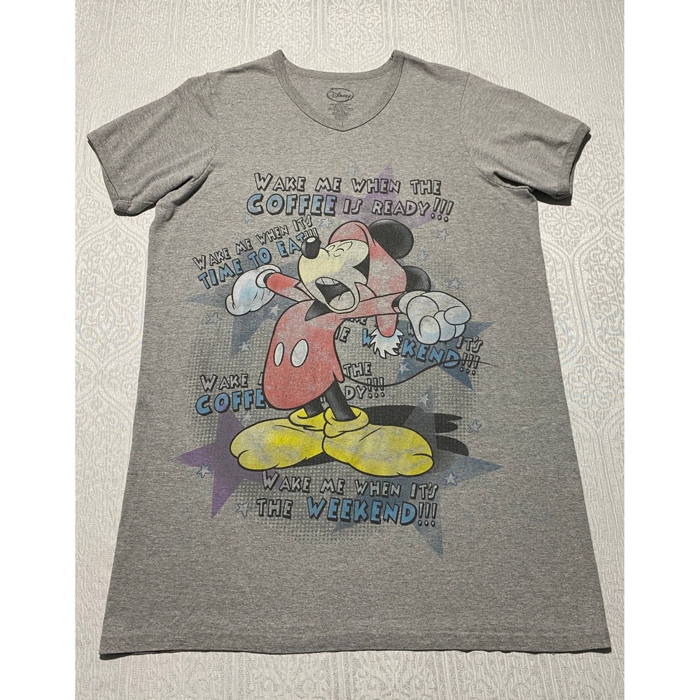 Disney Mickey Mouse Sleep Shirt One Size Grey V-Neck Wake Me Coffee Weekend Tee
